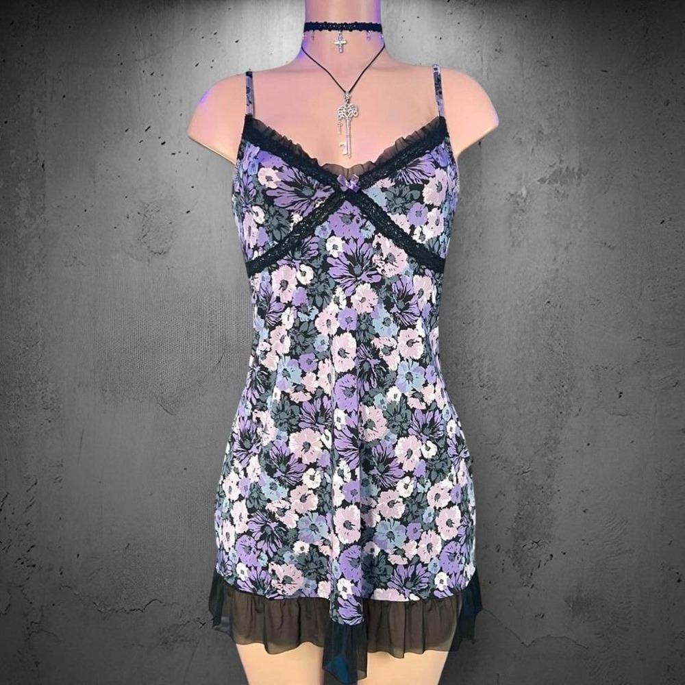 Y2K Marilyn Monroe Lace Trim Floral Chemise Dress Medium Purple Black Fairycore